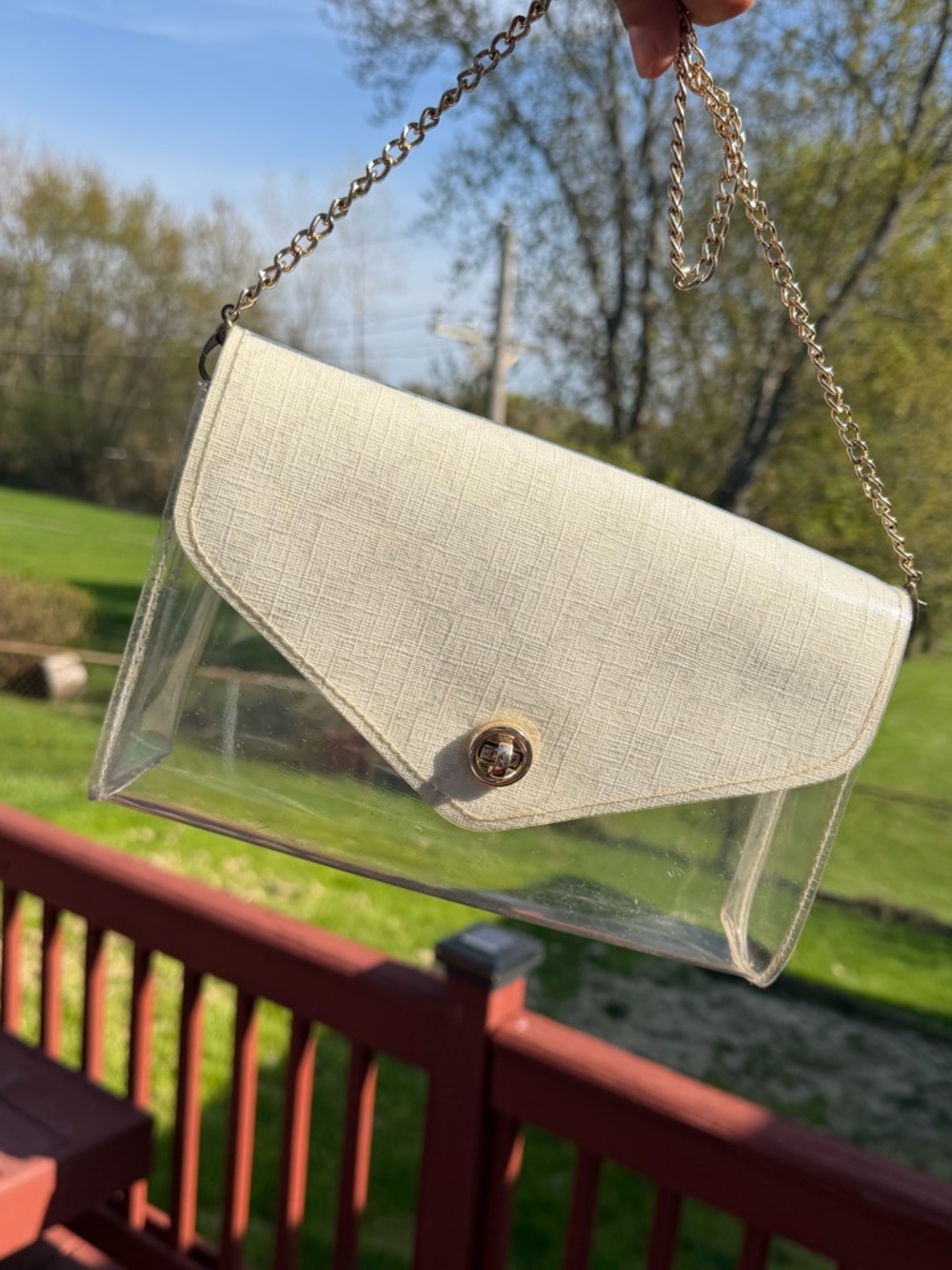 White Crossbody Clear Panel Shoulder Bag with Chain Strap - Picture 8 of 11